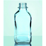 Bottiglie quadrate bocca stretta, vetro soda-lime, con tappo a vite, Colore chiaro , Capacità 100 ml, Diam. 49 mm, Altezza 119 mm, Filettatura 32 GL - Pz/Cf. 1