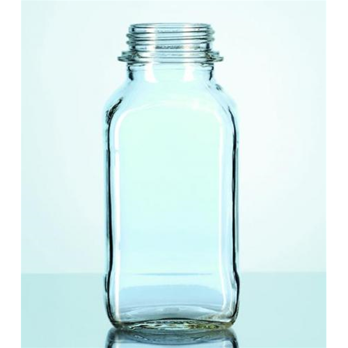 Lab-Shop  Prodotto: Bottiglie quadrate, bocca larga, tappo a vite, vetro  soda-lime, Colore Chiaro , Capacità 100 ml, Diam. 49 mm, Altezza 109 mm,  Filettatura 32 - Pz/Cf. 1 - DURAN (Consumabili