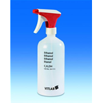 Bottiglia spray, con stampa di sicurezza ''Etanolo'', LDPE, Capacità 1000 ml, Ø  collo 24,5 mm, Altezza  con tappo 295 mm, Peso 130 g - Pz/Cf. 1