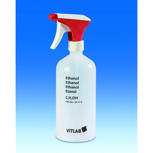 Bottiglia spray, con stampa di sicurezza Etanolo, LDPE, Capacità 1000  ml, Ø collo 24,5 mm, Altezza con tappo 295 mm, Peso 130 g - Pz/Cf. 1